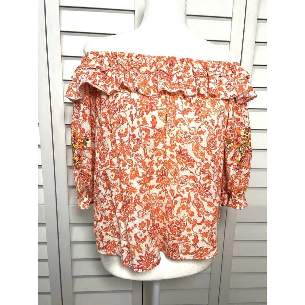 Democracy Boho Floral Paisley Embroidered Off the Shoulder Ruffle Top Size Small